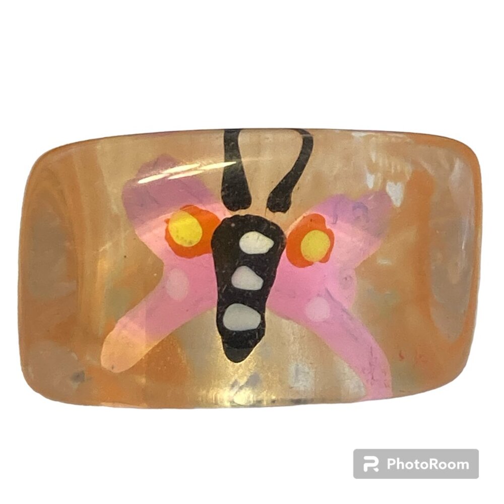 Vintage Lucite Acrylic Butterfly Ring Size 8 Retro Abstract Peach Pink Chunky